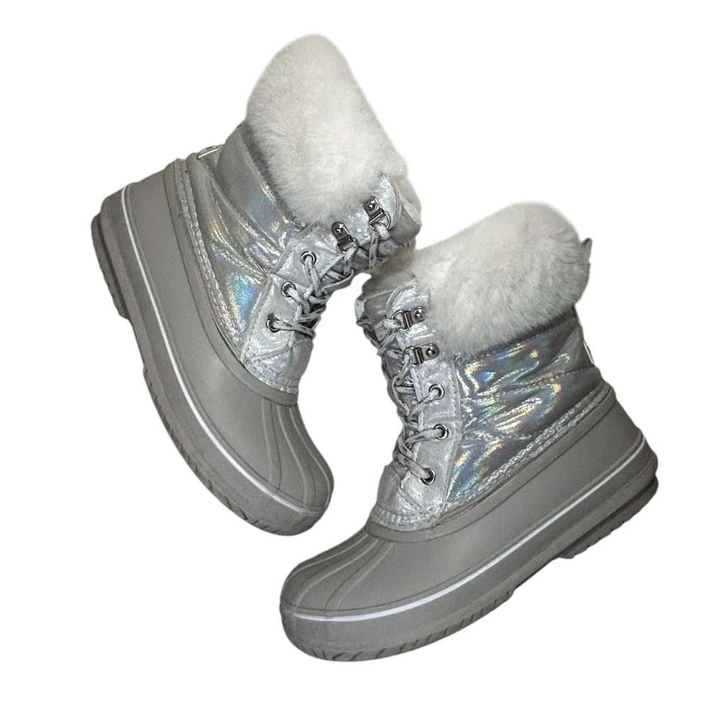 London Fog Bellcourt Kids Silver Iridescent Faux Fur Winter Duck Boots Size 3